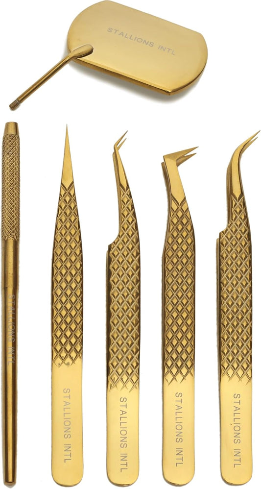 STALLIONS Eyelash Extension Tweezer Stainless Steel Diamond Grip Point Tip Boot Volume Classic Professional Precision Isolation Lash Fan Kit Set of 5 for Women,Makeup,Beauty,Crafting,Girls Gold 12Cm